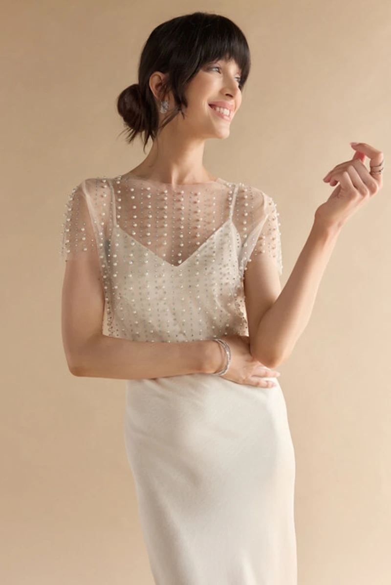 Jaiden Pearl Sheer Overlay Satin Dress