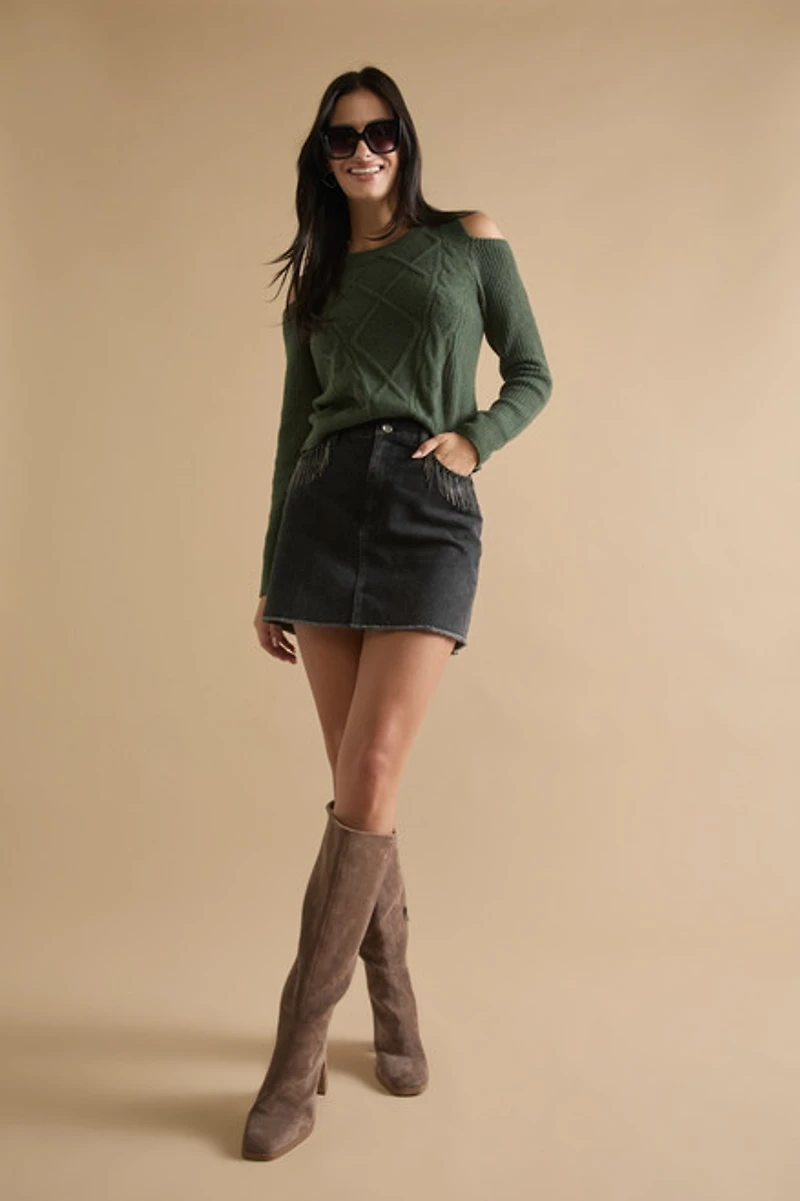 Denise Embellished Frayed Hem Mini Denim Skirt