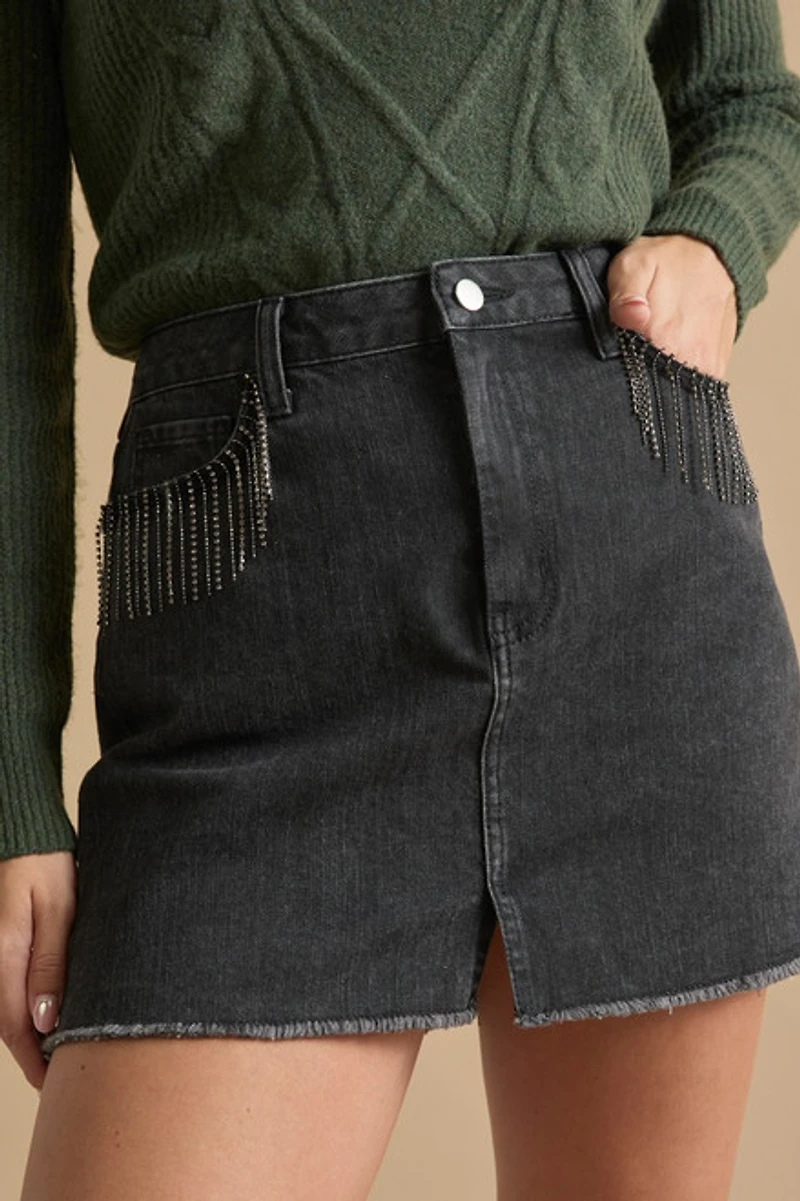 Denise Embellished Frayed Hem Mini Denim Skirt