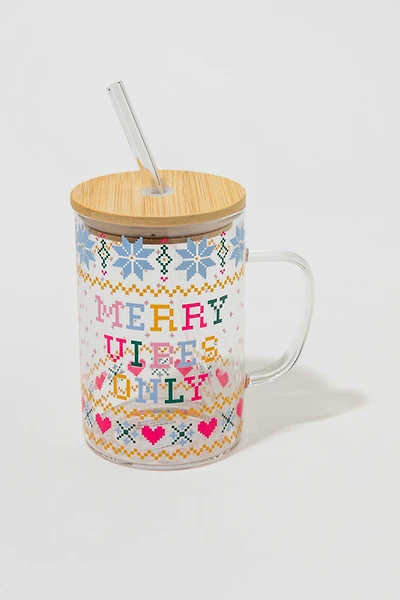 Merry Vibes Only Christmas Pattern Glass Jar With Straw Lid