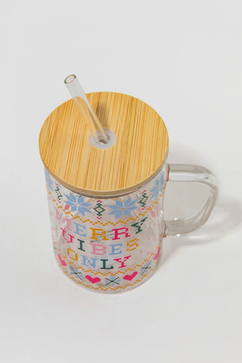 Merry Vibes Only Christmas Pattern Glass Jar With Straw Lid