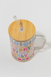 Merry Vibes Only Christmas Pattern Glass Jar With Straw Lid
