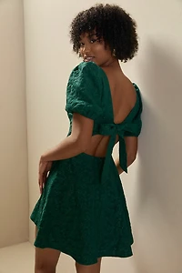 Melanie Jacquard Fit And Flare Bow Back Green Mini Dress