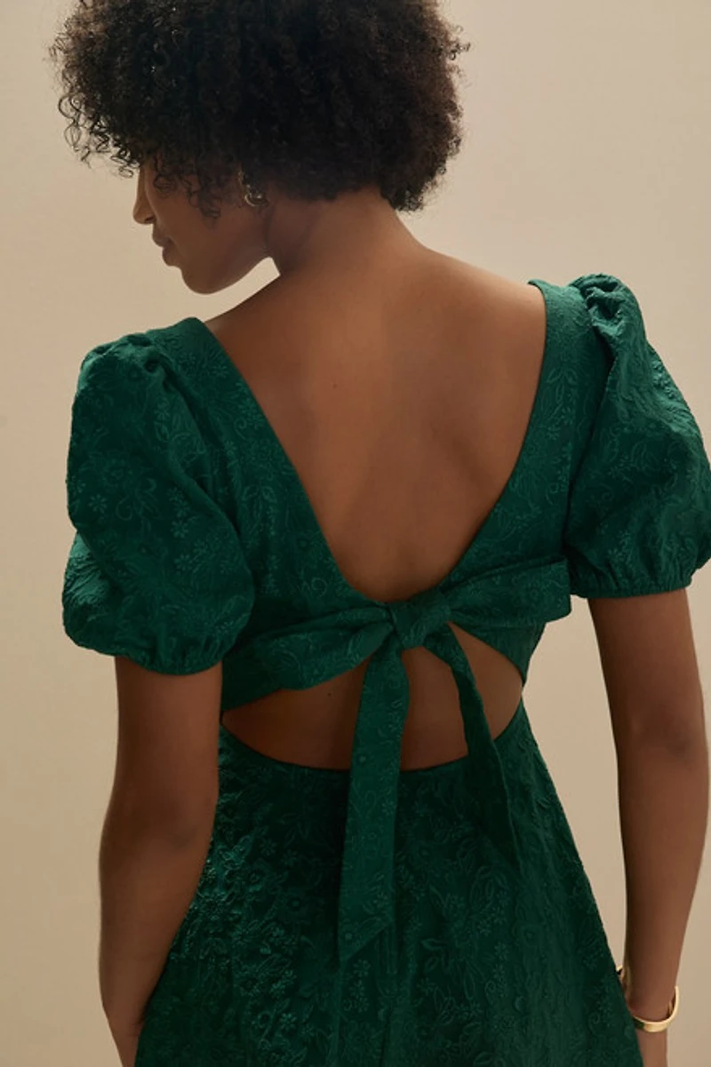 Melanie Jacquard Fit And Flare Bow Back Green Mini Dress