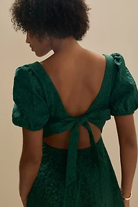Melanie Jacquard Fit And Flare Bow Back Green Mini Dress