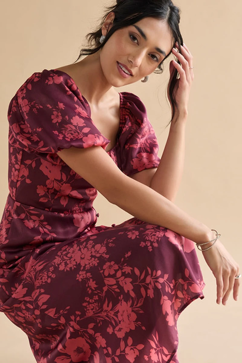 Nettie Puff Sleeve Floral Satin Midi Dress