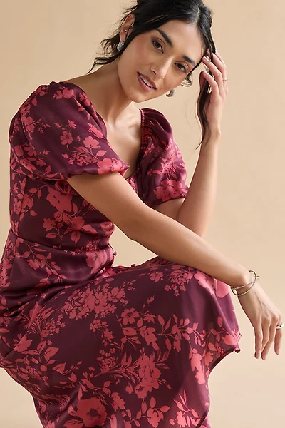 Nettie Puff Sleeve Floral Satin Midi Dress