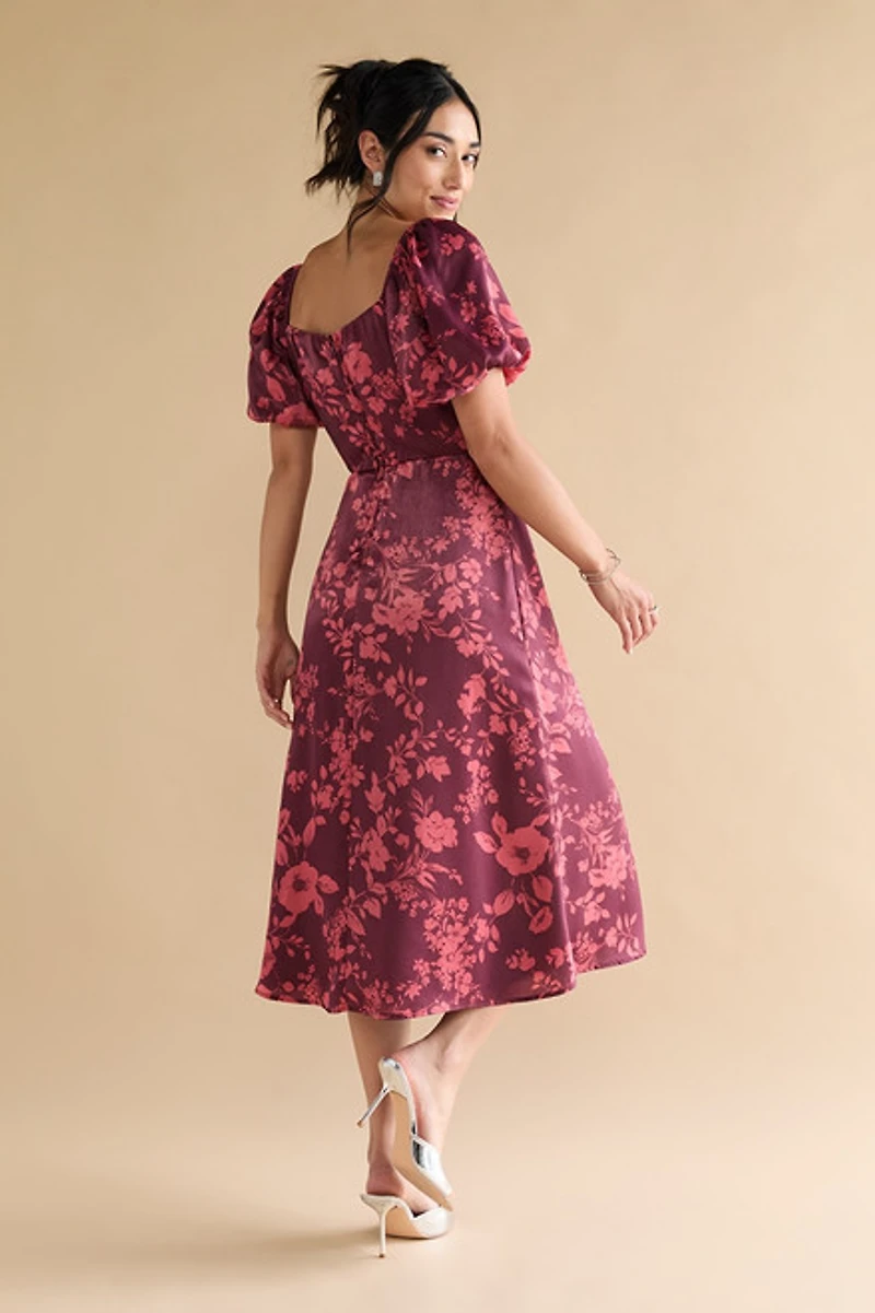 Nettie Puff Sleeve Floral Satin Midi Dress