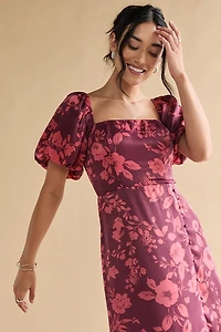 Nettie Puff Sleeve Floral Satin Midi Dress