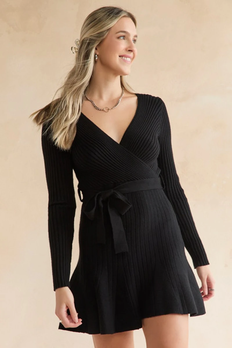Sybil Tie Waist Wrap Sweater Dress