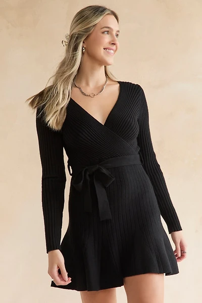 Sybil Tie Waist Wrap Sweater Dress