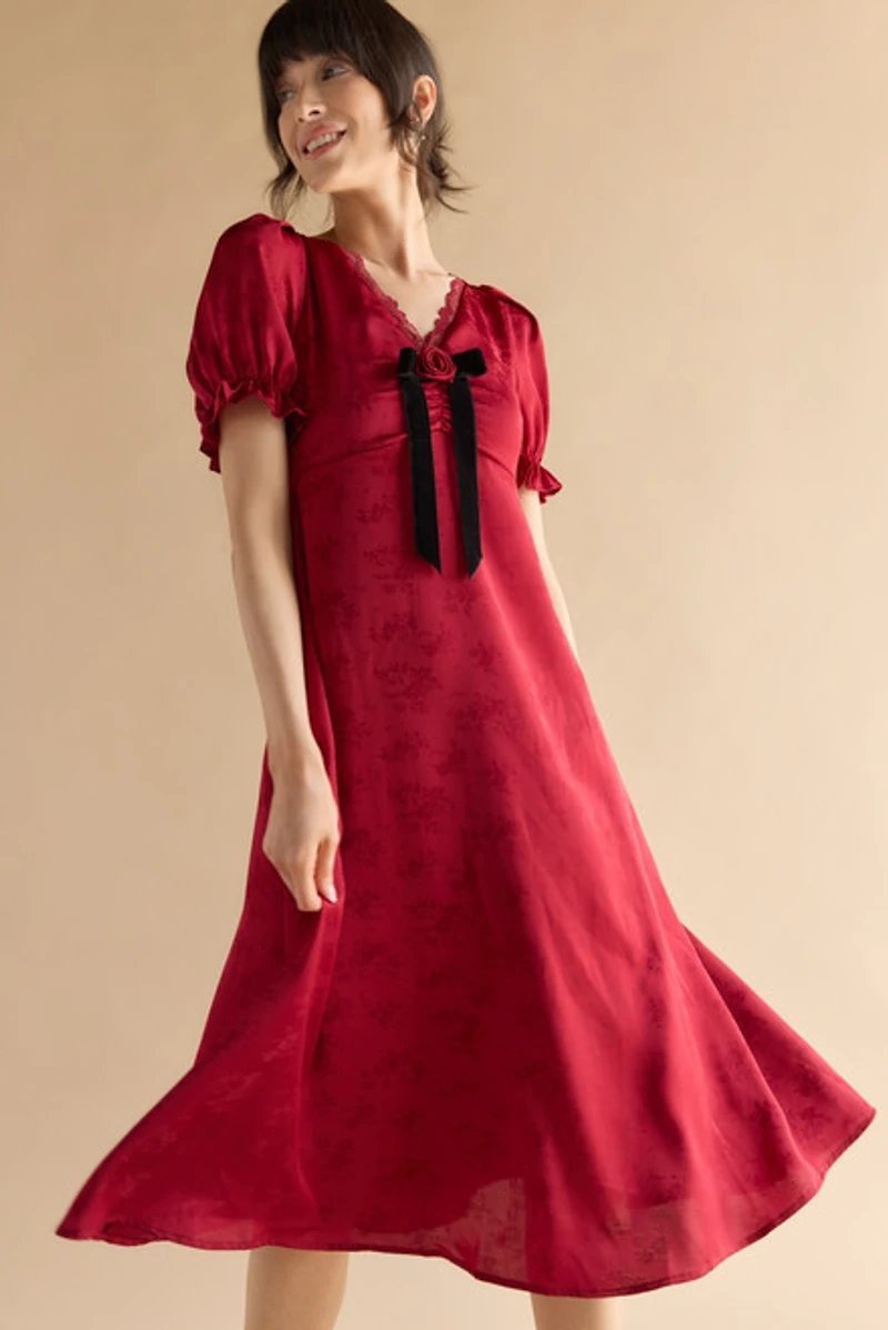 Iva Rossete Front Velvet Tie Midi Dress