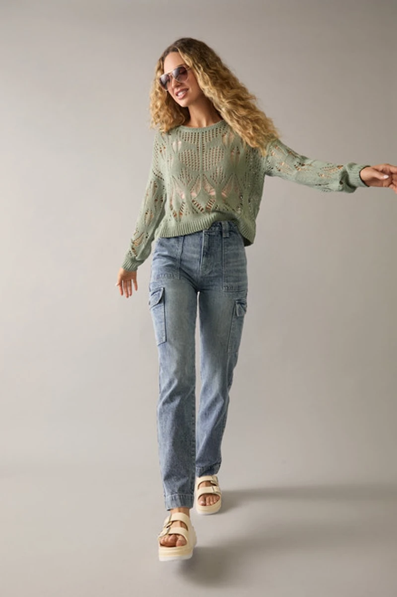 Jen Mid Rise Straight Leg Cargo Denim Jeans