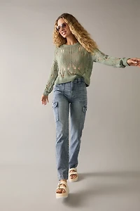 Jen Mid Rise Straight Leg Cargo Denim Jeans
