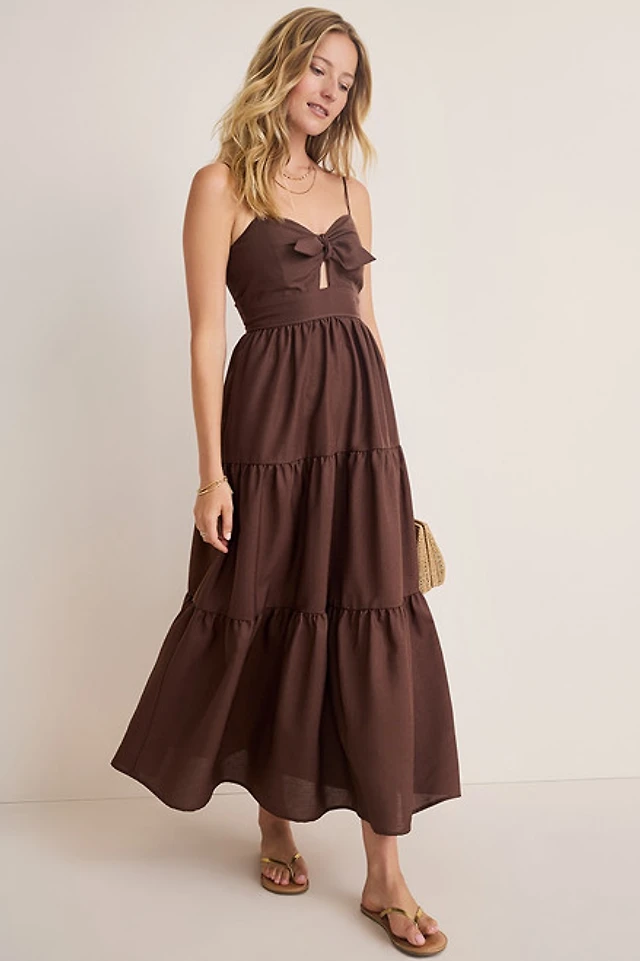 Francesca's Harriet Tie Front Tiered Midi Dress | Liberty Center