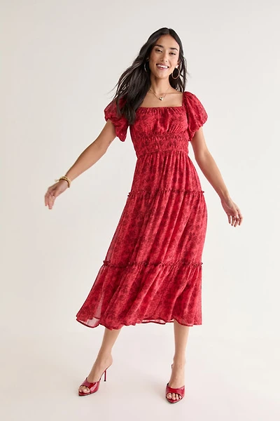 Jen Short Sleeve Floral Waisted Midi Dress