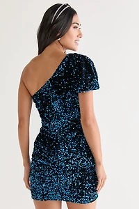 Georgina One Shoulder Sequin Mini Dress Blue