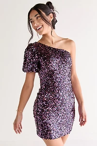 Georgina One Shoulder Sequin Mini Dress Wine