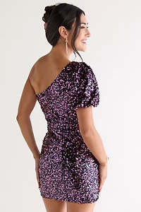Georgina One Shoulder Sequin Mini Dress Wine