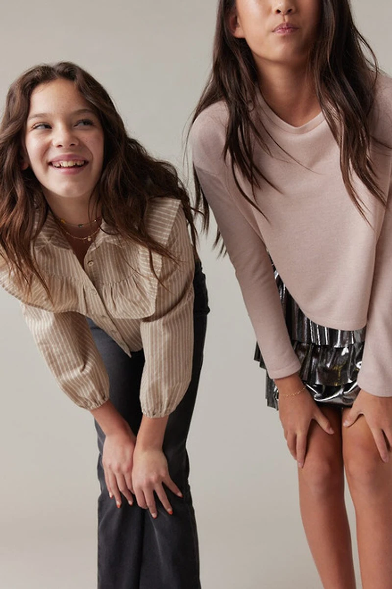 Hello Franki Ruffle Pinstripe Button Up for girls