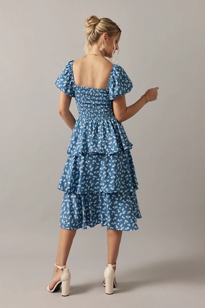 Cara Smocked Bow Front Tiered Midi Dress