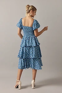 Cara Smocked Bow Front Tiered Midi Dress