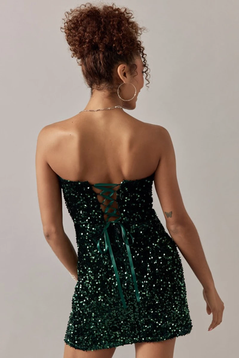 Holly Strapless Sequin Lace Up Back Mini Dress