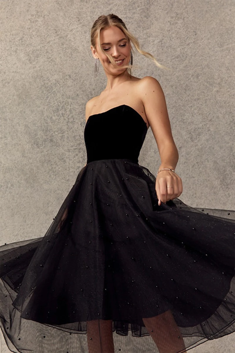 Harriet Velvet Pearl Embellished Midi Dress