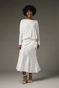 Barbara Asymmetrical Hem Midi Satin Skirt