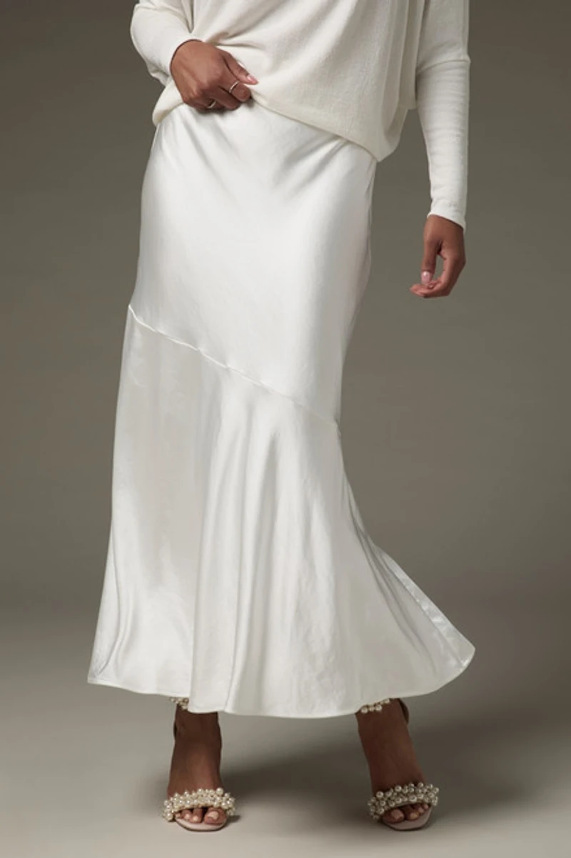 Barbara Asymmetrical Hem Midi Satin Skirt