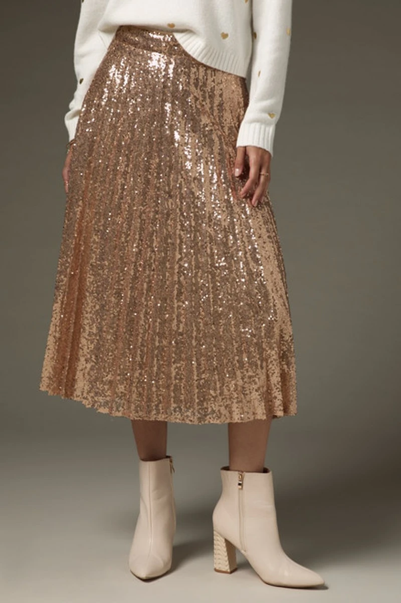 Dana Allover Sequin Pleated Midi Skirt