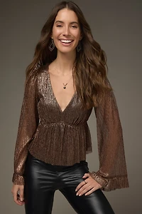 Darla Pleated Long Sleeve Shimmer Blouse