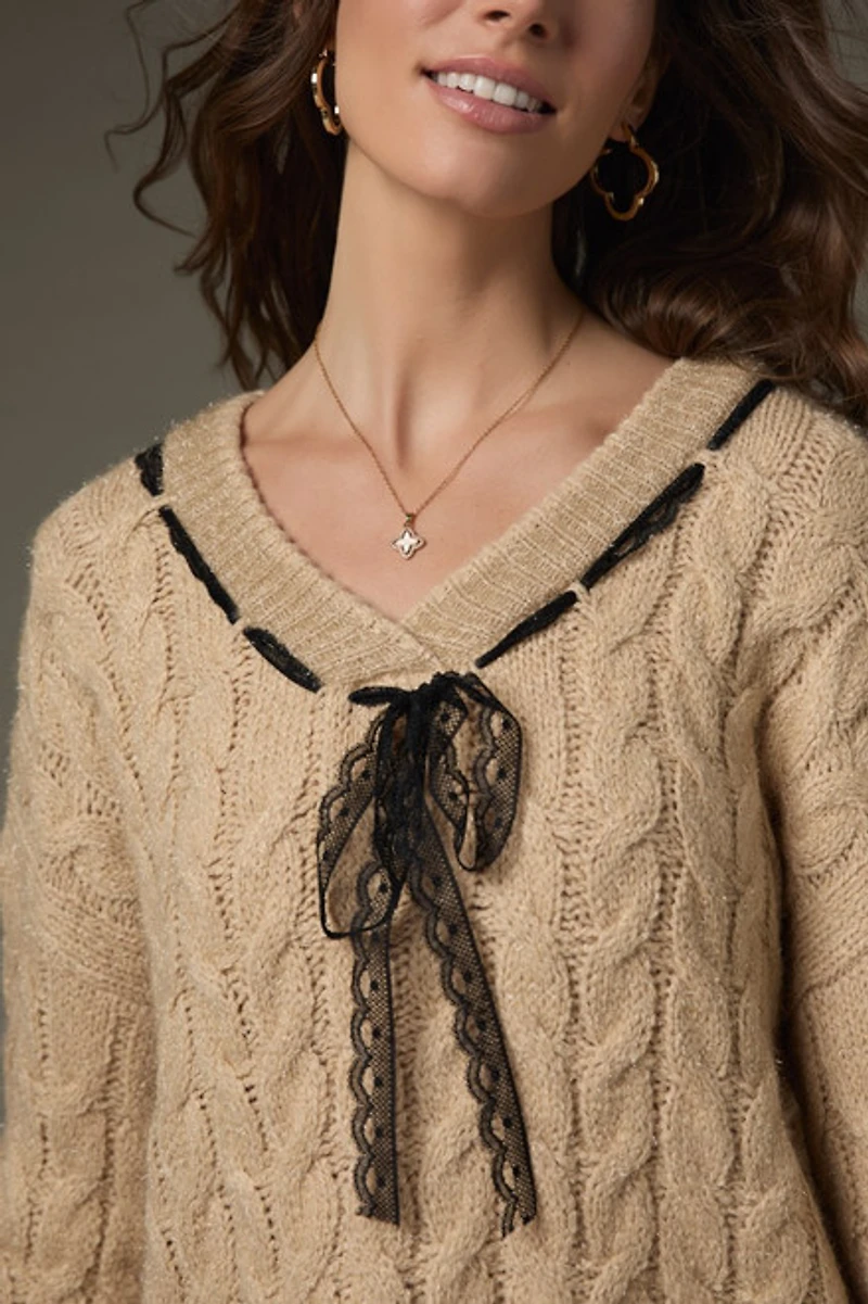 Tara Lace Ribbon Cable Knit Pullover Sweater