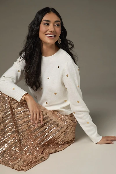 Jennifer Gold Heart Embellished Pullover Sweater