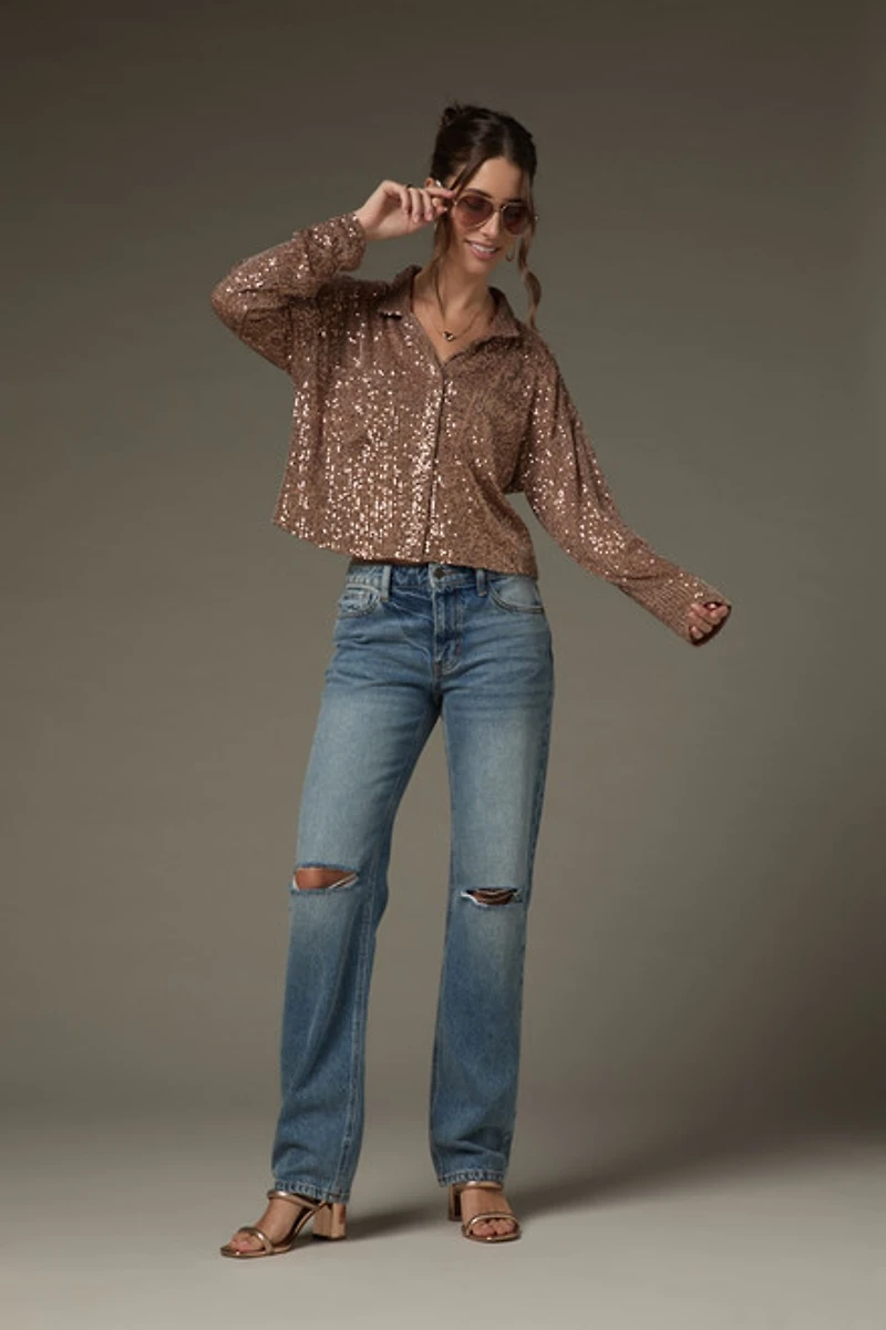 Alex Long Sleeve Sequin Button Down Top