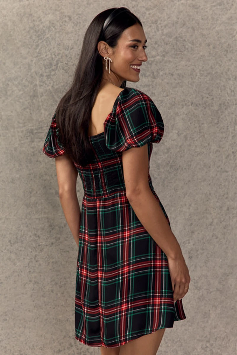 Tabitha Puff Sleeve Waisted Plaid Mini Dress