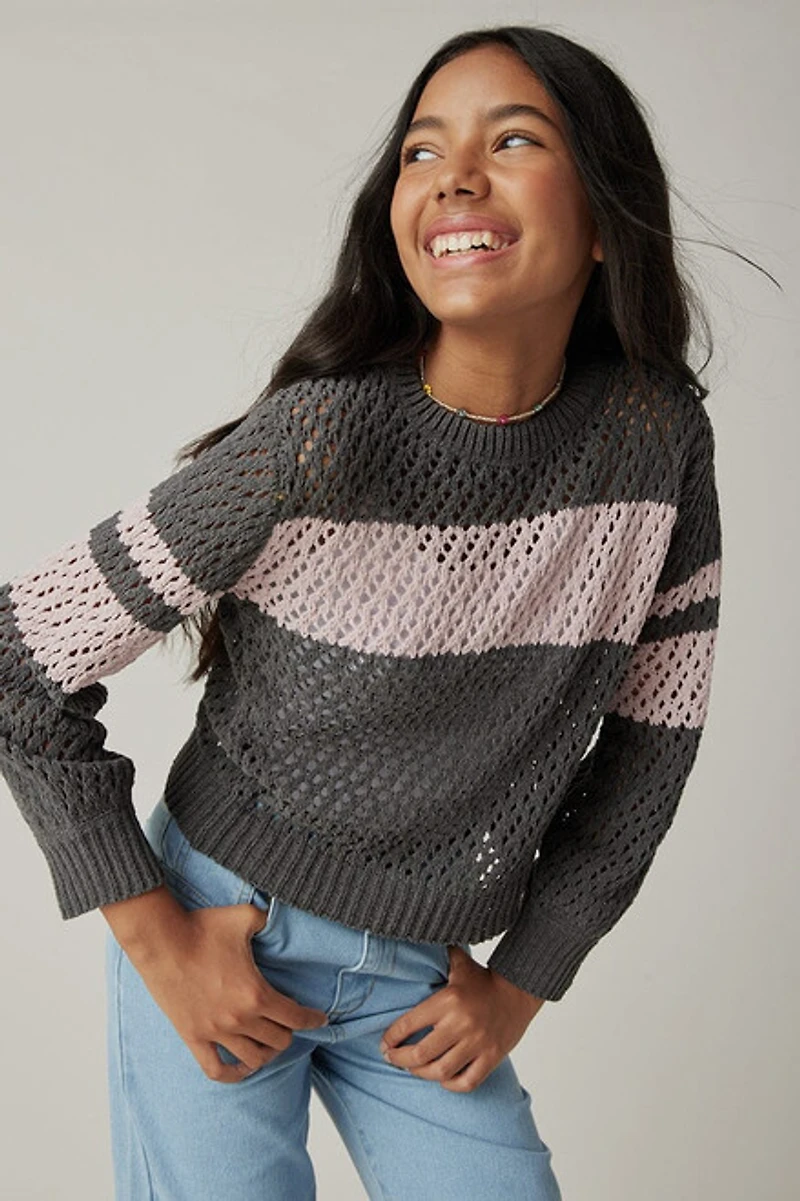 Hello Franki Open Stitch Chest Stripe Sweater for girls