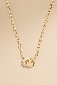 Jannie Pearled Circle Pendant Paperclip Necklace