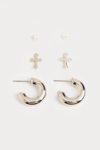 Hello Franki Hoop Cross And Pearl Trio Set Earrings for girls