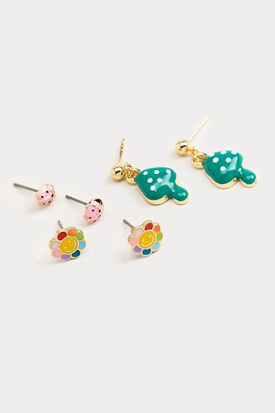 Hello Franki Smiley Mushroom And Ladybug Trio Earrings for girls