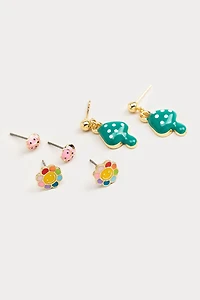Hello Franki Smiley Mushroom And Ladybug Trio Earrings for girls