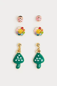 Hello Franki Smiley Mushroom And Ladybug Trio Earrings for girls