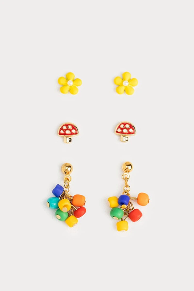 Hello Franki Bead Daisy And Mushroom Trio Set Earrings for girls