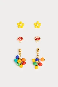 Hello Franki Bead Daisy And Mushroom Trio Set Earrings for girls