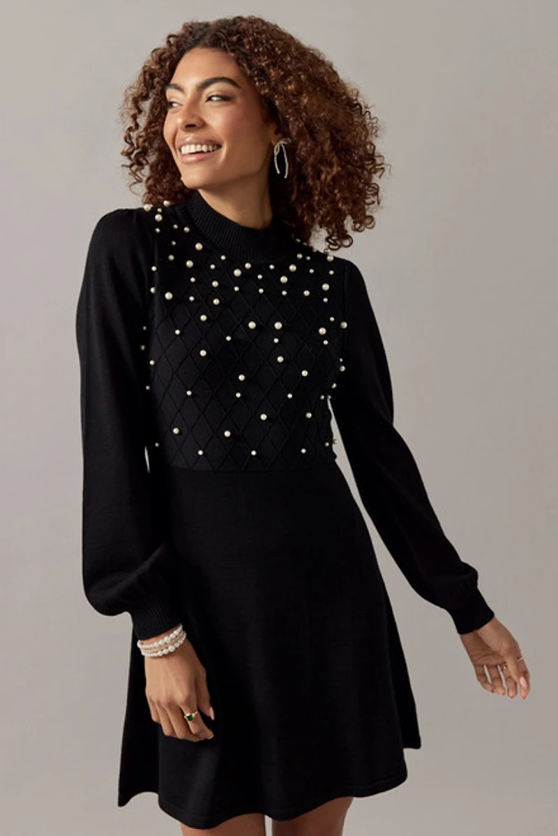 Ruth Pearl Embellished Upper Sweater Mini Dress