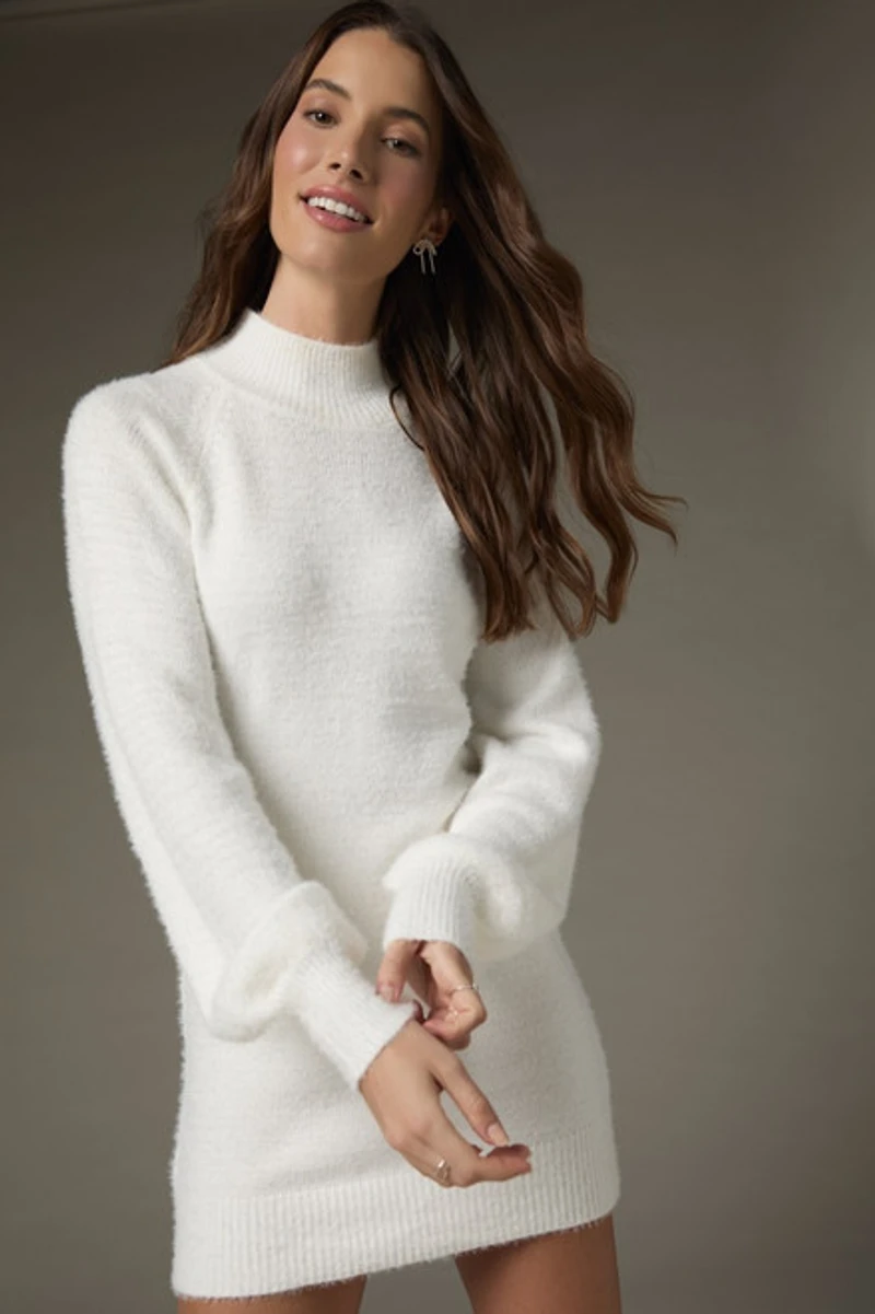 Natalie Mock Neck Fuzzy Sweater Mini Dress