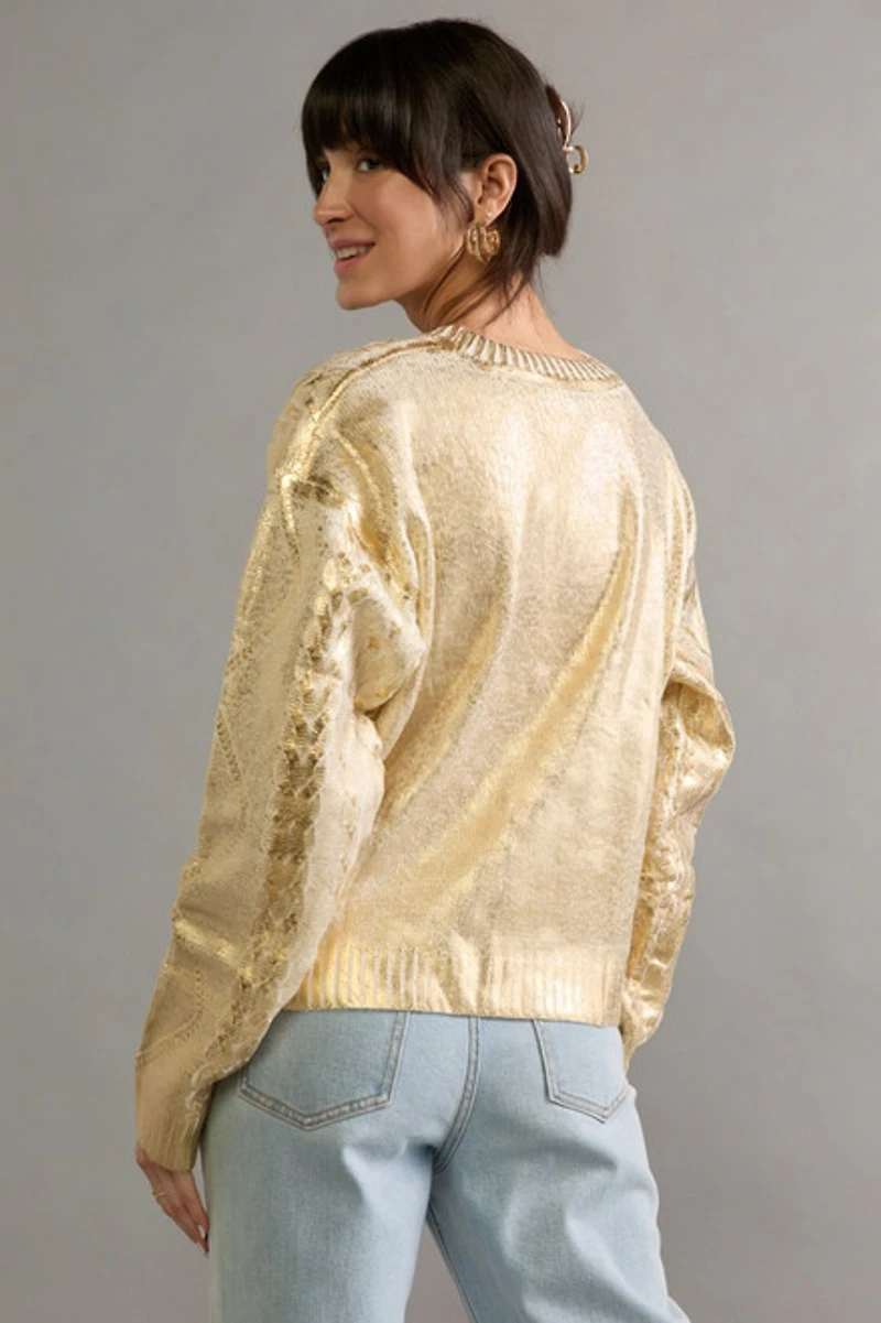 Adrienne Foil Cable Knit Pullover Sweater