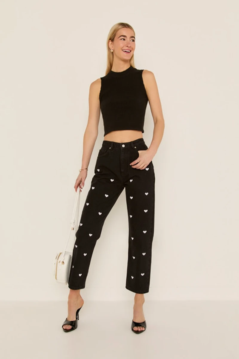 Emily Heart Embroidered Straight Leg Denim Jeans