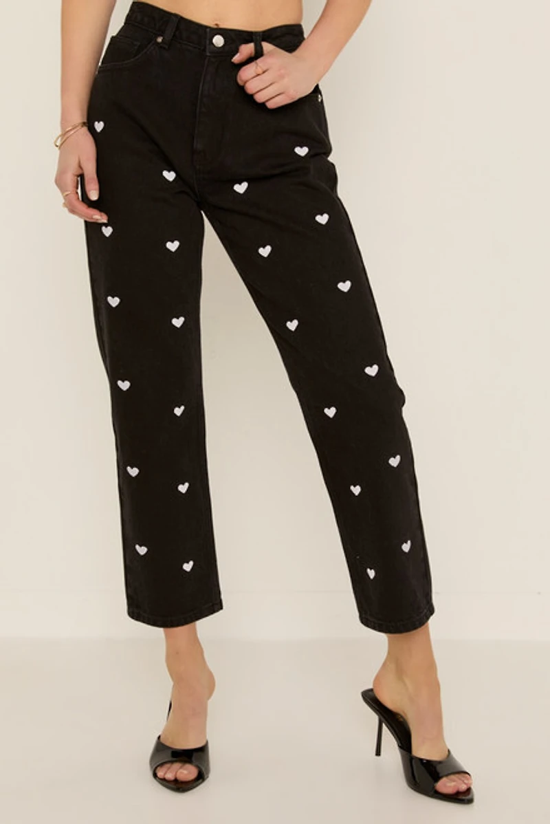 Emily Heart Embroidered Straight Leg Denim Jeans