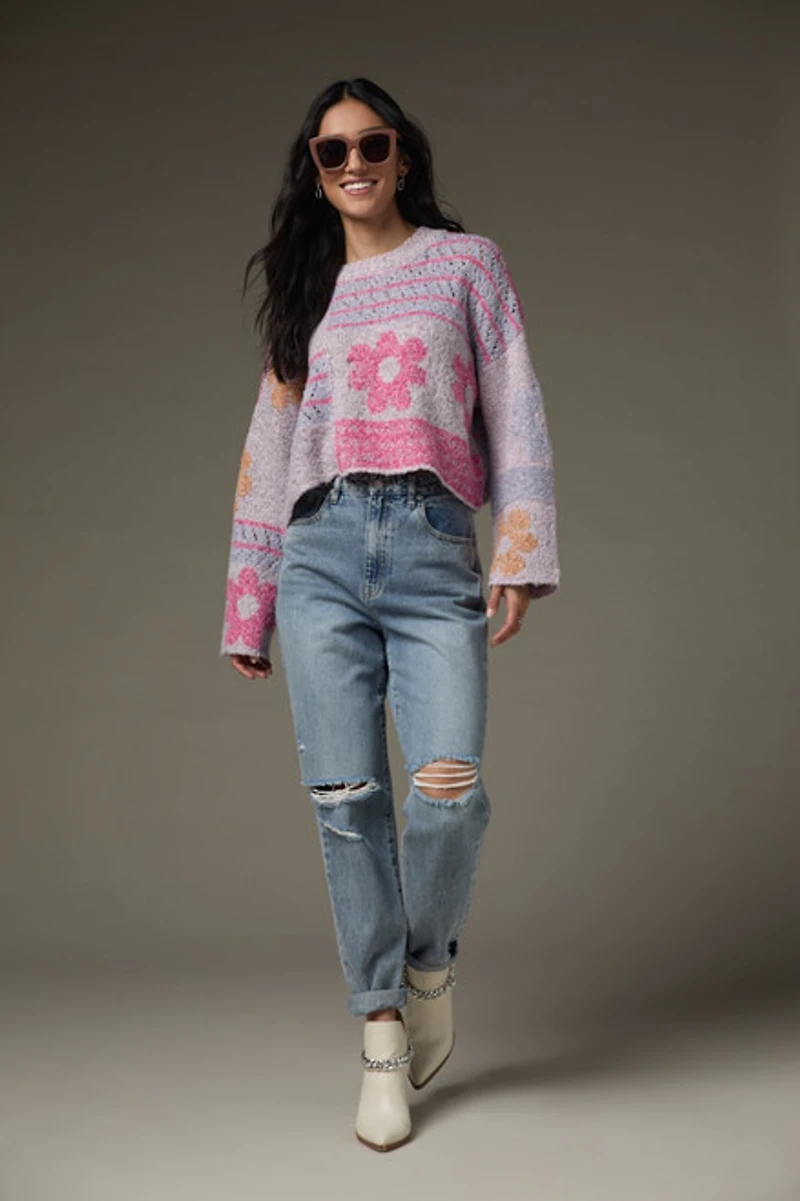 Carolina Mixed Pattern Fuzzy Pullover Sweater